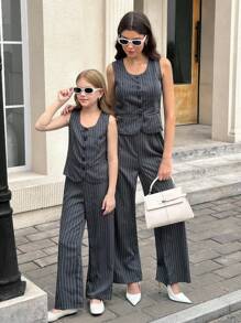 SHEIN Conjunto de 2 piezas con blazer sin mangas de cuello cuadrado a rayas y pantalones de pierna ancha para niña preadolescente - Gris Oscuro - Ver 3