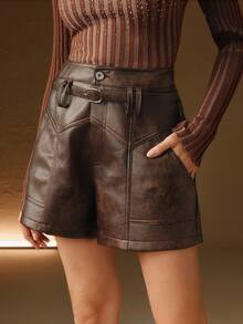 Anewsta Women's Autumn/Winter PU Leather Distressed Brown Maillard Quilted Paneled Design Versatile Elegant Romantic Retro Modern Waist Belt Design Shorts - Khaki - View 7