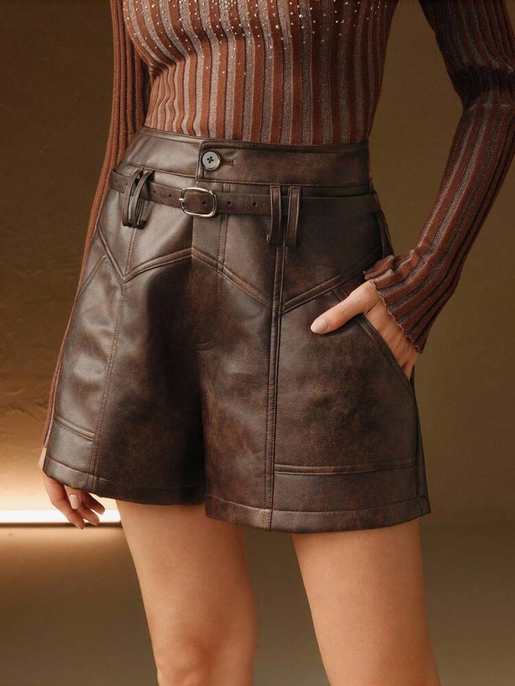 Women's Autumn/Winter PU Leather Distressed Brown Maillard Quilted Paneled Design Versatile Elegant Romantic Retro Modern Waist Belt Design Shorts