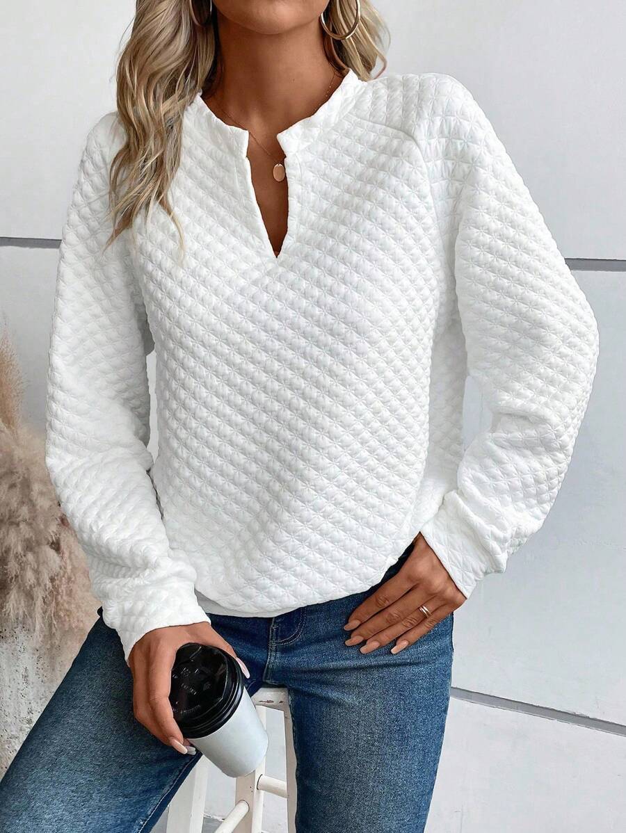 SHEIN LUNE Notched Neckline Raglan Sleeve Sweatshirt Graduation,Back To School Outfits,Graduation,Teacher Outfits For Women,Back To School Pullover Fall Outfit - White - View 1