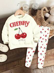SHEIN 2pcs/Set Young Girl Vintage Cherry Pattern Cream White Casual Crew Neck Long Sleeve Sweatshirt And Leggings,Autumn/Winter Back-To-School Kids Outfit - Multicolor - View 2