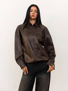 SHEIN Tall Áo khoác da giả màu nâu họa tiết loang lổ thời trang cổ điển dành cho nữ, dành cho mùa thu, trang phục Giáng sinh, quần áo nữ, áo khoác da màu nâu, mùa đông, áo khoác da, áo khoác bomber da nâu, áo khoác da nữ màu nâu, áo khoác da ngắn màu nâu, áo khoác da nữ - Cà phê nâu - Xem 7