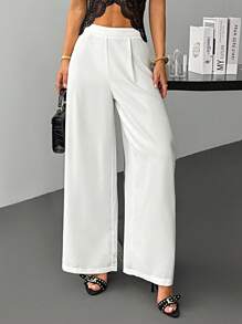 SHEIN PETITE 新款秋冬优雅休闲通勤百搭轻奢老款风高腰百褶阔腿裤白色阔腿裤白色正装裤女阔腿裤女阔腿裤女白色正装裤白色阔腿裤
