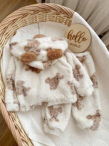 SHEIN Babygirl 可爱卡通图案连帽连体裤家居服，秋冬 - 米色 - 查看 2