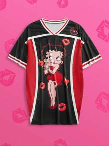 Betty Boop x SHEIN Slaydiva 大码女装 2025 春夏新款基本款休闲可爱黑红撞色 V 领宽松落肩超大短裙，卡通人物印花