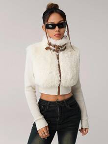 SHEIN ICON Women's Fashion Street Style Zip-Up Buckle Detail Cropped Faux Fur Jacket, Autumn/Winter - Apricot - View 10
