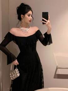 DAZY Đầm dài tay loe xếp nếp hở vai phối ren chắp vá cho nữ, mùa thu, mùa thu Quần áo nữ Đầm dài tay Đầm dạ hội Đầm thanh lịch cho nữ - màu đen - Xem 6