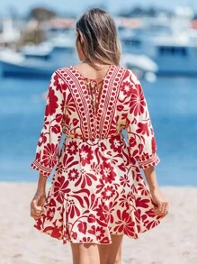 Sylviya 女士休闲度假日常装V领插肩袖宽松腰短款连衣裙夏季女装 - 彩色 - 查看 2