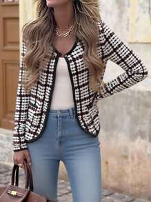 Brillora Women's Houndstooth Long Sleeve Single-Breasted Casual Round Neck Jacket, Tweed Jacket Women, Plaid Jacket Women, Women Casual Jacket, Houndstooth Jacket,Bohemian,Boho Chic,Boho Women Clothing,Western Wear Women,Western, Houndstooth Blazer Women,Fall Clothes,Women's Fall Clothes,Winter Jacket,Business Casual Woman