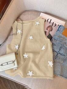 SHEIN Frenchy Chaleco de punto con cuello redondo y decoración floral casual para mujer en otoño/invierno - Albaricoque - Ver 7