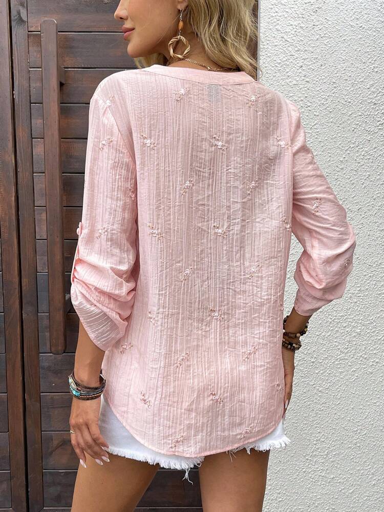Plus Size Women Casual Embroidered Button Roll Up Sleeve Shirt,Fall Plus Size,Formal Tops For Women,Business Casual Woman,Classy For Women,Work Tops,For Stylish Everyday Wear,Fall For Women,Chic Autumn