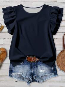 EMERY ROSE Plus Size Summer Casual Solid Color Flutter Sleeve Shirt - Navy Blue - View 1