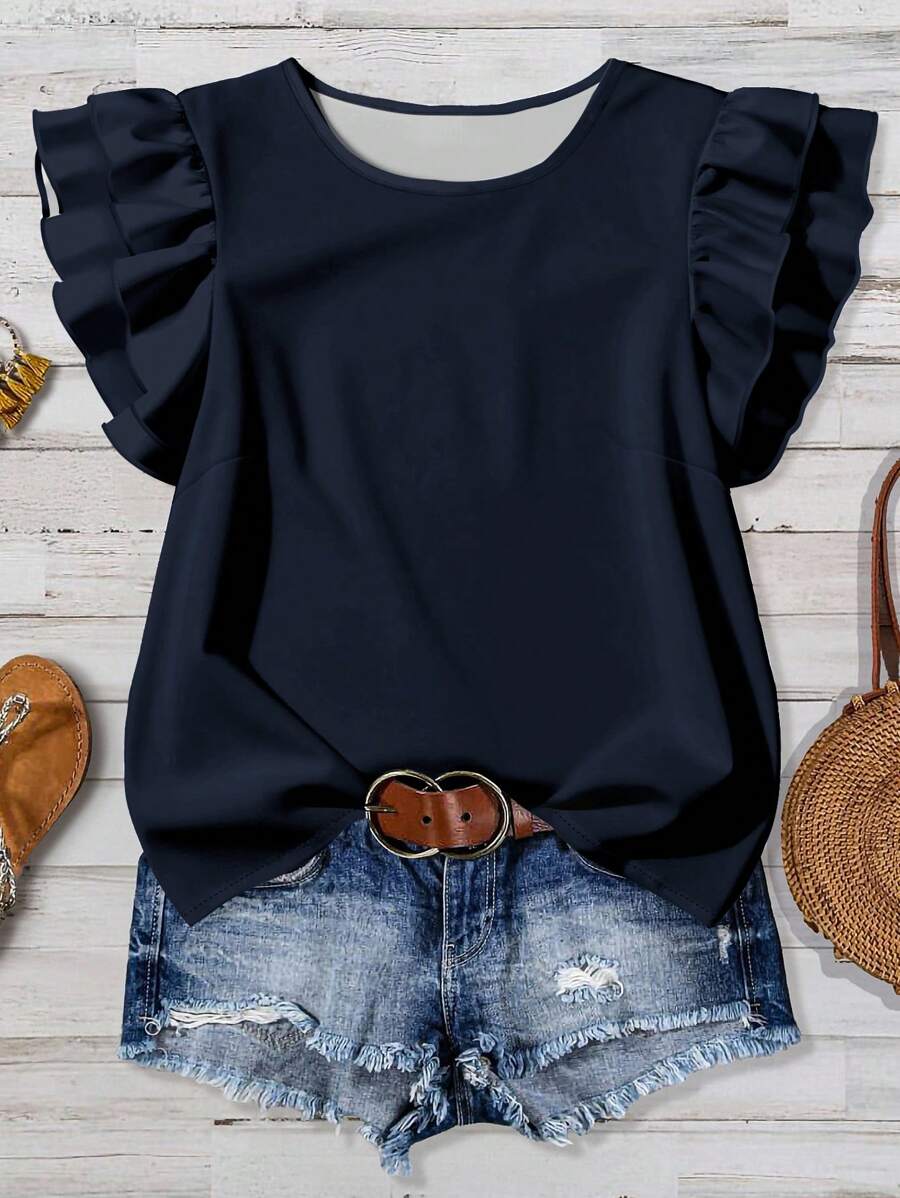 EMERY ROSE Plus Size Summer Casual Solid Color Flutter Sleeve Shirt - Navy Blue - View 1