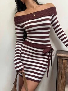 SHEIN EZwear Damen gestreiftes Off-Shoulder langärmliges figurbetontes Strickkleid, Herbst-Winter-Kleidung für Frauen - Braun - Übersicht 1