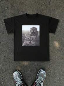 Manfinity ZONE917 Men's Cat Print Short Sleeve T-Shirt, Men's Casual Outdoor T-Shirt Cat T-Shirt Funny Cat T- Shirt Meme Print Tee