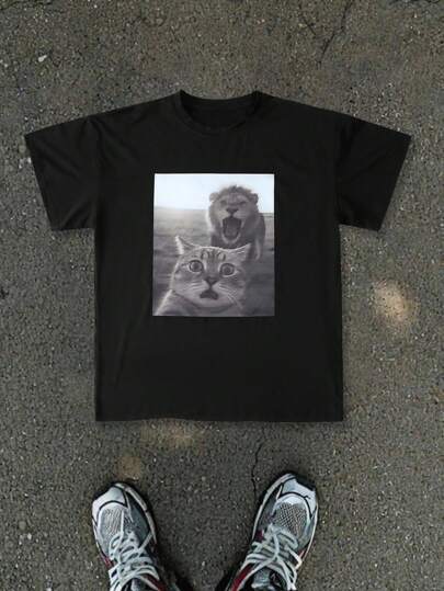 Manfinity ZONE917 Men's Cat Print Short Sleeve T-Shirt, Men's Casual Outdoor T-Shirt Cat T-Shirt Funny Cat T- Shirt Meme Print Tee