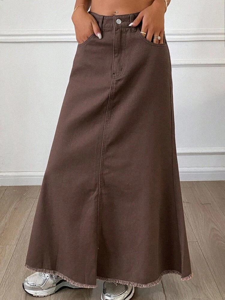 Women's Casual Solid Color Frayed Hem Denim A-Line Skirt, Autumn Jeans Skirt
