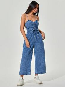 SHEIN EZwear 女式抽绳宽松连体裤搭配阔腿牛仔背带裤 - 深色水洗藍 - 查看 5