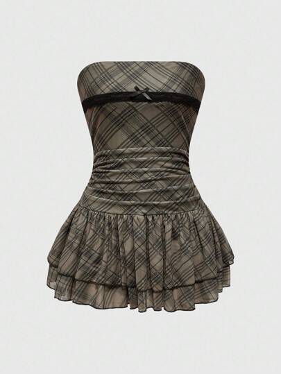 J-Fashion Vintage Sweet Plaid Print Skater Dress For Women