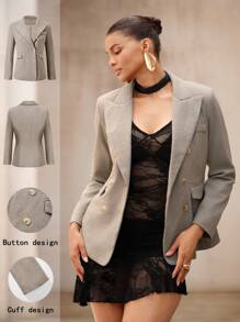 SHEIN Unity Áo khoác blazer công sở dệt kim hai hàng khuy cài eo thắt eo cho nữ, chuyên nghiệp và thời trang, mùa thu/đông - Xám - Xem 5