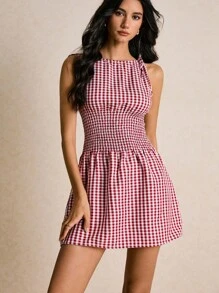 Poéselle 女式休闲格子束腰迷你连衣裙，肩部系带，夏季 - 紅白色 - 查看 4