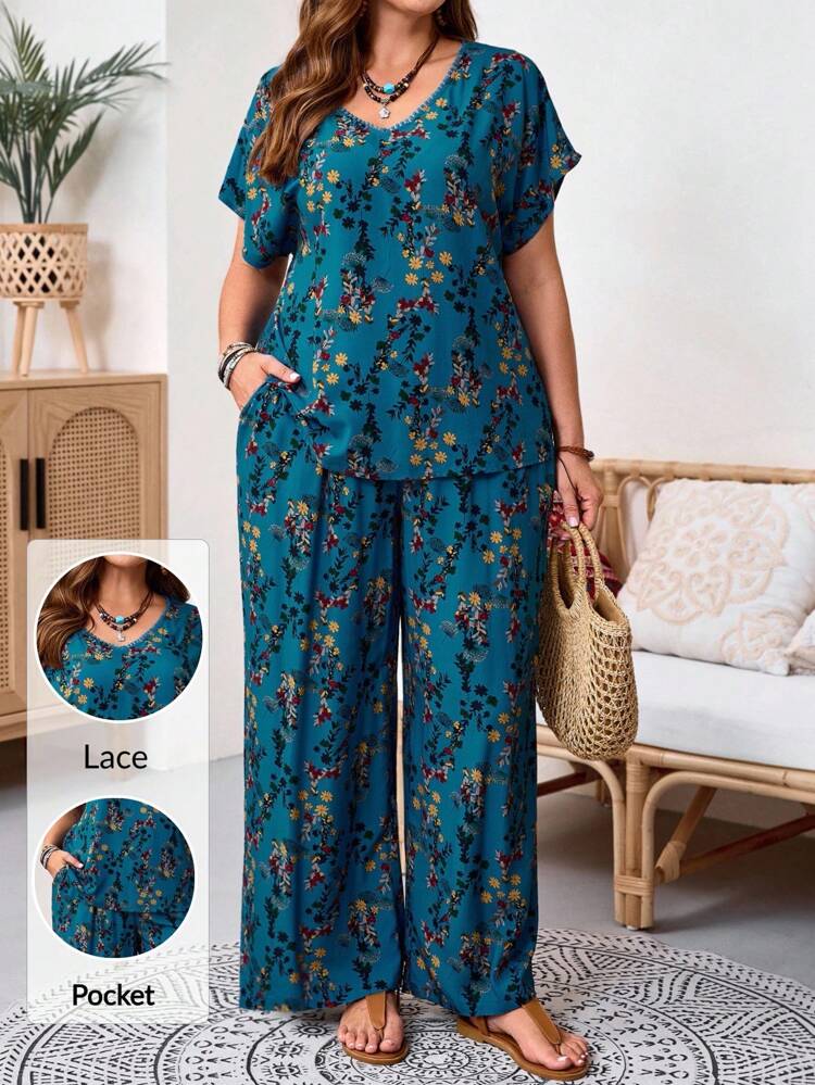 2pcs Plus Size Floral Print V-Neck Short Sleeve Top And Pocket Decor Long Pants Set Summer Pants Sets For Women Blouse And Pants Set Boho Pants Set Plus Size Pants Set  Fall Women Clothes,Holiday Outfits For Women,Flower/Vacation/Spring