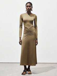 Lumivelle Robe midi moulante élégante à col rond fendue et froncée pour femmes, style Maillard, vêtements pour l'université - Tabac - Voir 4