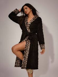 Lazeform Women's Long Plush Jacquard Patchwork Leopard Print Lapel Robe, Winter Leopard Print Robe Women Robe Robes For Women Fluffy Cheetah Robe Black Robe With Leopard Print - Black - View 4