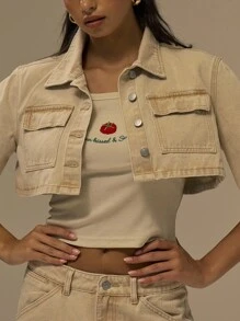 MUSERA Boxy Fit Collared Button Through Mid Sleeve Denim Top Only Spring Summer Casual Work Office Chic - Khaki - View 2