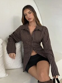 Aloruh Women's Elegant Striped Button-Up Cinched Waist Shirt, Back To School Teacher, Fall Clothes For Women, Fall Tops, Brown Shirt, Brown Tops - Multicolor - View 1