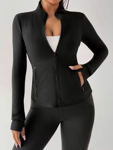 DAZY Áo khoác thể thao màu trơn ôm sát có khóa kéo dành cho nữ - màu đen - Xem 7