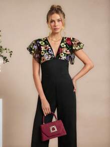 Amorya 女士优雅V领盖袖收腰修身高端黑色撞色刺绣3D花朵阔腿裤，适合多种场合日常穿着 - 彩色 - 查看 11