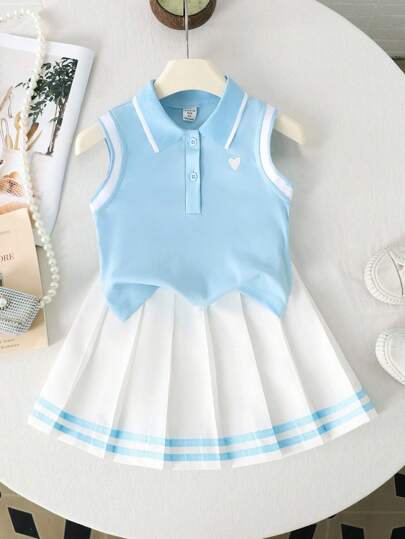 SHEIN Genkimix Kids 2 件套女童学院风心形印花翻领无袖上衣和系腰带百褶裙，适合夏季返校季