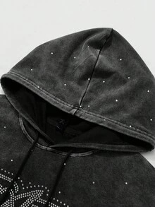 ROMWE MEN Street Life Sudadera con capucha con adornos de rhinestone para hombres, apta para uso diario, otoño, parte superior de manga larga - Negro - Ver 7