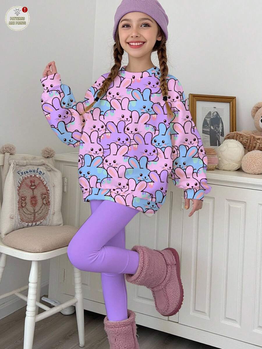 SHEIN 2 件套青少年女孩休闲可爱卡通兔子印花圆领舒适长袖运动衫和紧身裤套装，适合秋冬季 - 彩色 - 查看 1