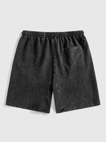 ROMWE MEN Anime Men's Dark Skull Hand Print Drawstring Waist Pocket Washed Shorts - Black - View 8