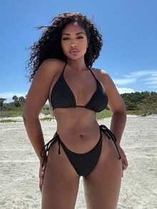 Alexandranx Summer Beach Mono Bikini Set Halter Triangle Bra & Tie Side Bottom 2 Pieces Bikini - Black - View 6