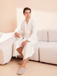 SHEIN 1 Áo choàng tắm đôi màu trắng mới dành cho nam và nữ. Chất liệu áo choàng tắm dài tay, khăn tắm dài, thấm hút tốt, nhanh khô, thoáng khí, mềm mại và tinh tế cho da. Có thể mặc được cả bốn mùa, thích hợp sử dụng ở nhà hoặc trong các kỳ nghỉ. Áo choàng tắm đôi. - trắng - Xem 9