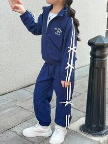 两件套：少女休闲蝴蝶结条纹长袖外套 + 韩版条纹蝴蝶结口袋休闲裤（秋冬款） - 藍白色 - 查看 4