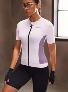 Powerista 女式休闲拼色拉链骑行服上衣，夏季 - 紫色 - 查看 5