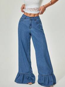 SHEIN PETITE Quần Jeans Denim Xanh Đơn Giản Thường Ngày Cho Nữ - Rửa nhẹ - Xem 6