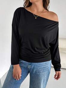 SHEIN Essnce Plus Size Women's And Fashion Casual Loose Comfortable Daily Basic Versatile Slim Shoulder Black Long-Sleeved T-Shirt,Simple Style Tops Spring - Black - View 5