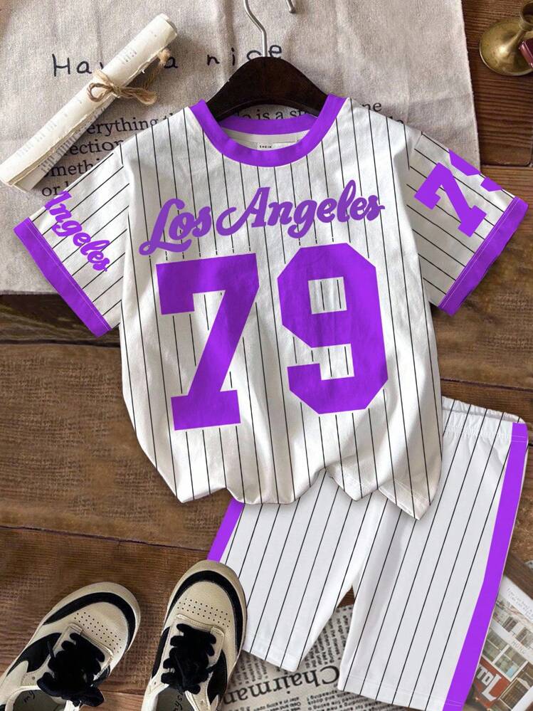 SHEIN Conjunto informal de 2 piezas para niña preadolescente con camiseta de manga corta holgada y leggings, adecuado para el verano - Multicolor - Añade 2