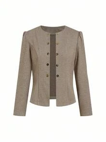 Ellevyn Jaqueta feminina de manga bufante e abotoamento duplo, moda outono/inverno - Castanho - Ver 6