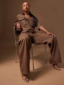 Denimoi 抽象图案抽绳腰直筒牛仔裤 - 棕色 - 查看 3