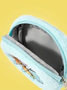 TOM & JERRY X SHEIN Geantă de pluș cu fermoar, brodată cu desene animate, pentru femei, albastră