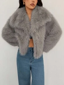SHEIN PETITE 女款秋冬純色寬鬆大領長袖人造毛皮夾克灰色毛皮外套冬季外套，適合嬌小女性 - 灰色 - 查看 4