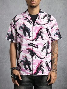 GODZILLAxKONG X SHEIN 男士休闲街头度假风格怪物和字母印花翻领短袖宽松衬衫，夏季 - 白色 - 查看 5