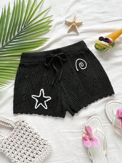 Soleia Casual Summer Holiday Western Beach Wedding Guest, Graduation Brunch, St. Patrick's Day Spring Break, Easter Music Festival Elegant Boho Tropical Ocean Animal Starfish Knit Shorts Black Knitted Shorts Women Beach Shorts Crochet Shorts Summer Shorts
