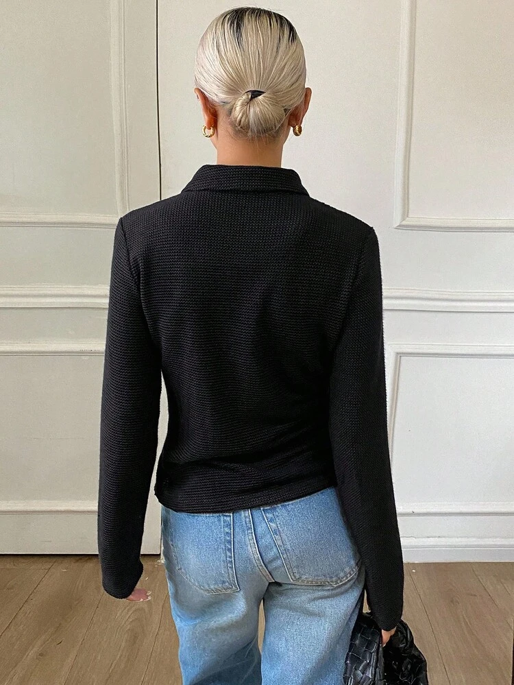 Women's Solid Color Fitted Elegant Vintage Collar Long Sleeve Textured Fabric T-Shirt, Autumn/Winter